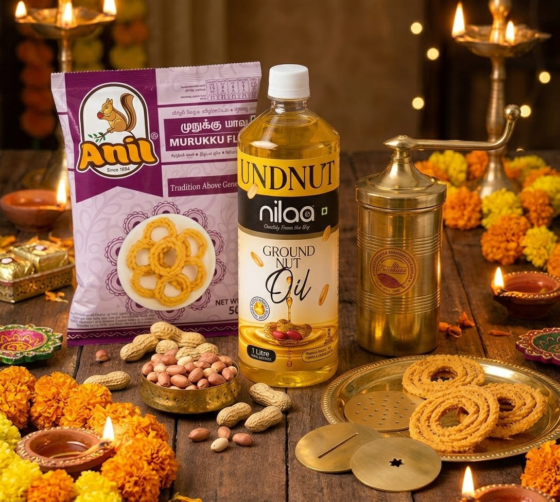 Diwali Special Snack Combo – 1L Nilaa Groundnut Oil + 1kg Anil Murukku Flour (2 x 500g) + Brass Murukku Press