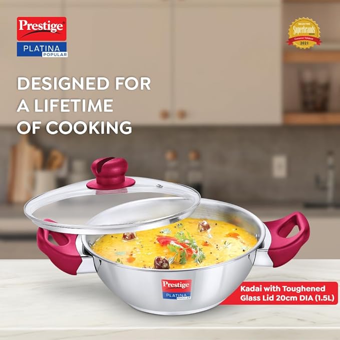 Prestige Platina Popular Stainless Steel Gas and Induction Compatible Kadai with Glass Lid, 200 mm