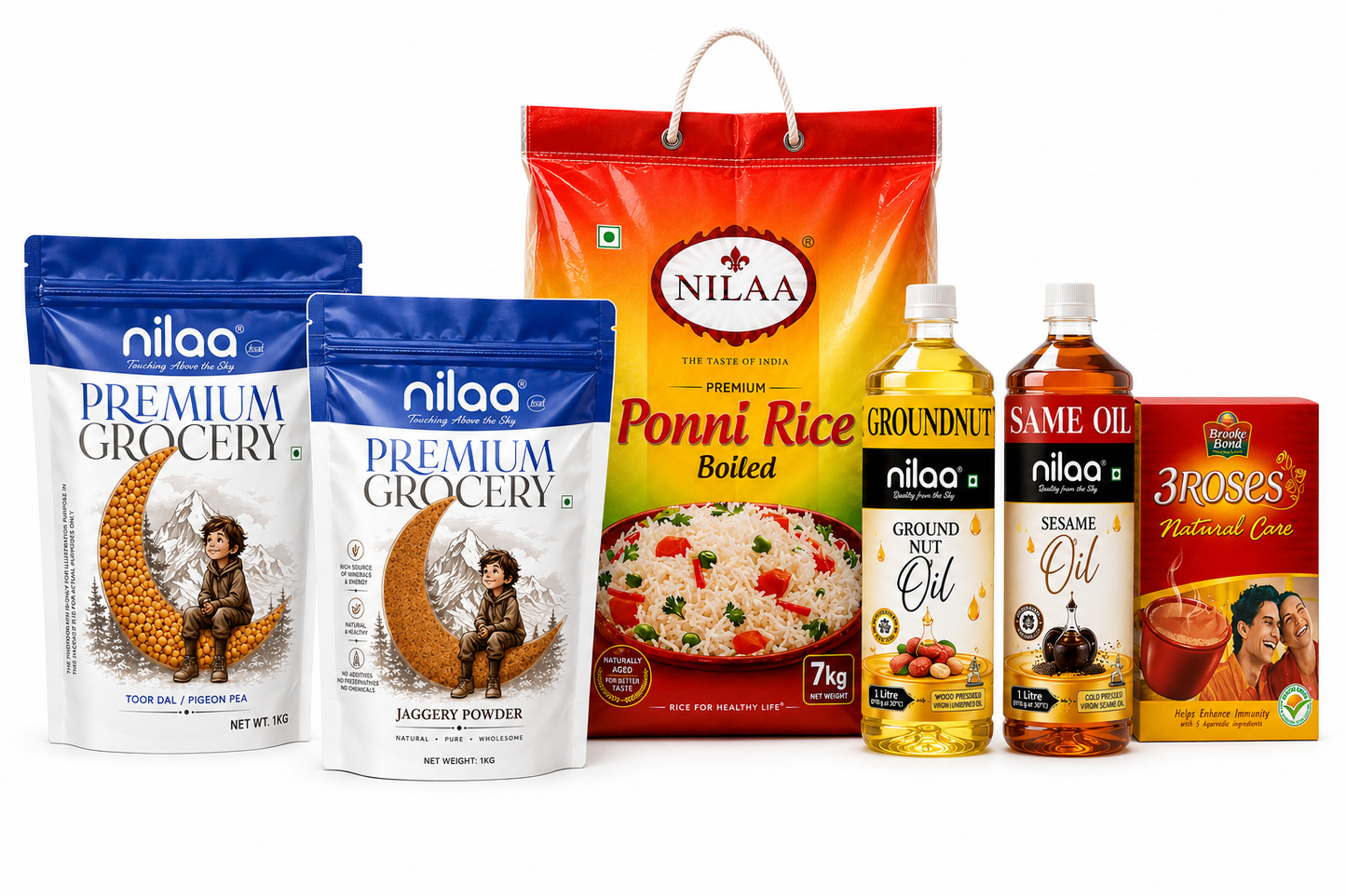 Groundnut oil 1L | Sesame oil 1L | Ponni Rice 7kg | Toor dal 1Kg | Jaggery Powder 1Kg | Natural Care 250G
