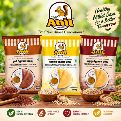 Anil Ragi Dosa Flour, Cholam Dosa Mix & Varagu Dosa Mix Combo Pack of 3X500g