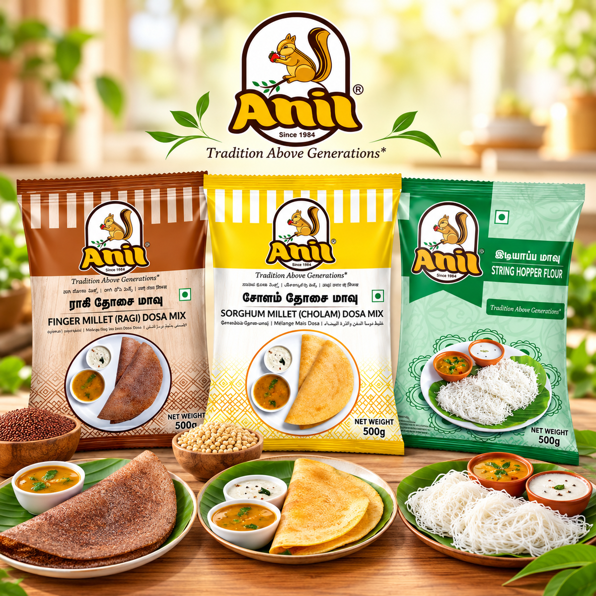 Anil Ragi Dosa Flour, Cholam Dosa Mix & Idiyappam Flour Combo Pack of 3X500g