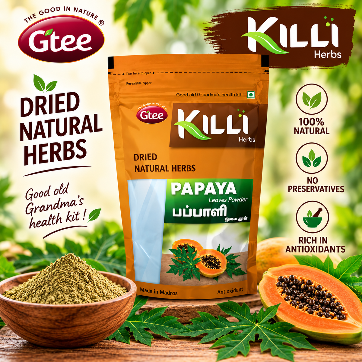 KILLI Papaya Leaves Powder 100g ||  Premium Herbal Powder