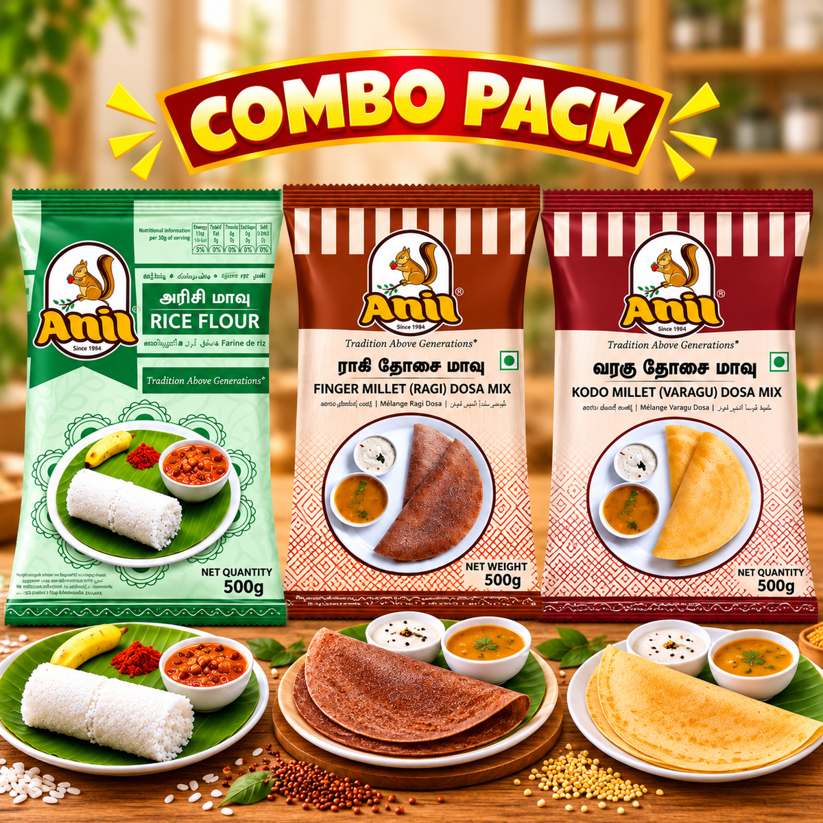 Anil Rice Flour, Ragi Dosa Flour & Varagu Dosa Mix Combo Pack of 3x500g