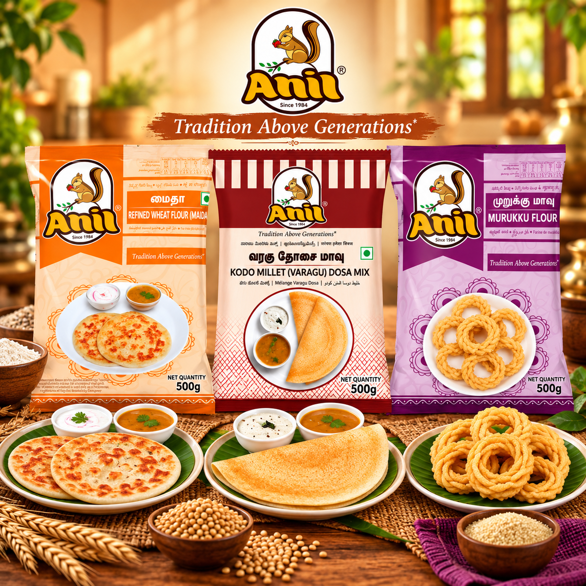 Anil Maida Flour, Varagu Dosa Mix & Murukku Flour Combo Pack of 3x500g