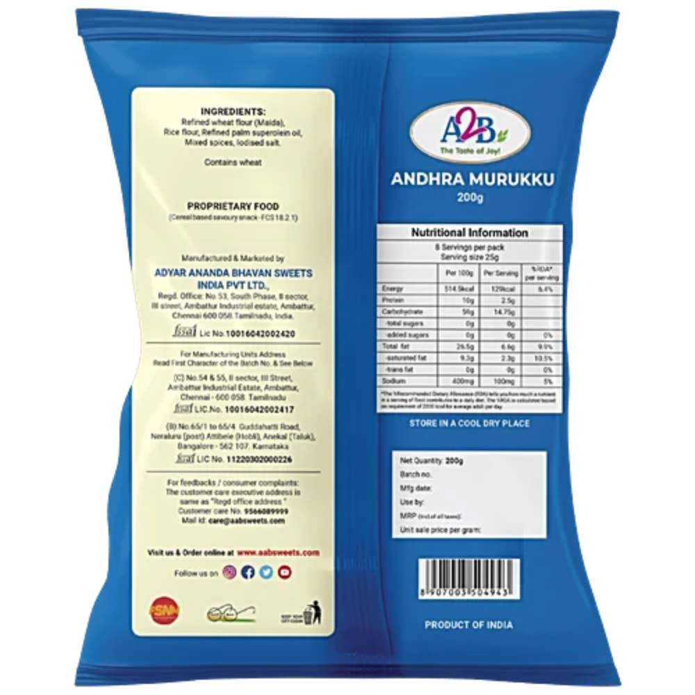 A2B Andhra Murukku 200g || Ready to Eat Spicy South Indian Crunchy Snack Uk