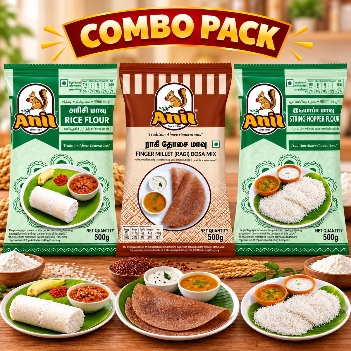 Anil Rice Flour, Ragi Dosa Flour & Idiyappam Flour Combo Pack of 3x500g