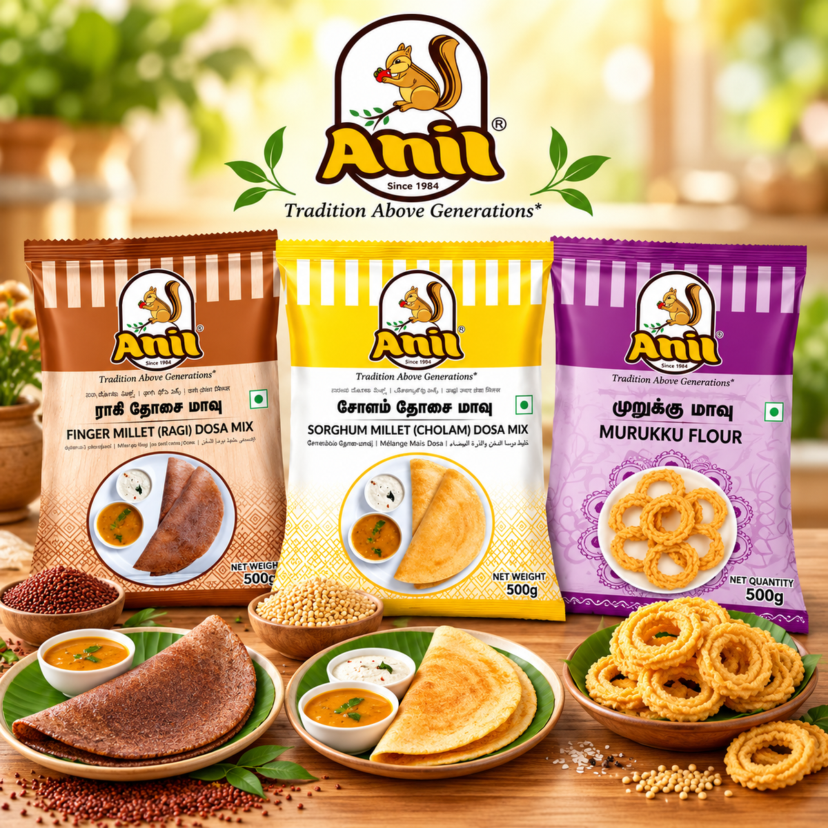 Anil Ragi Dosa Flour, Cholam Dosa Mix & Murukku Flour Combo Pack of 3x500g