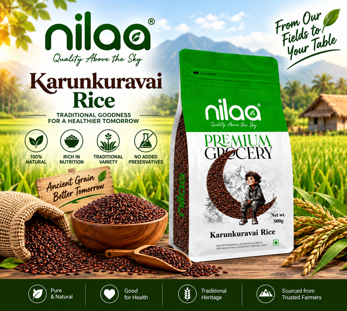 Nilaa Hand Pounded Karunkuruvai Rice 500g || Wholesale