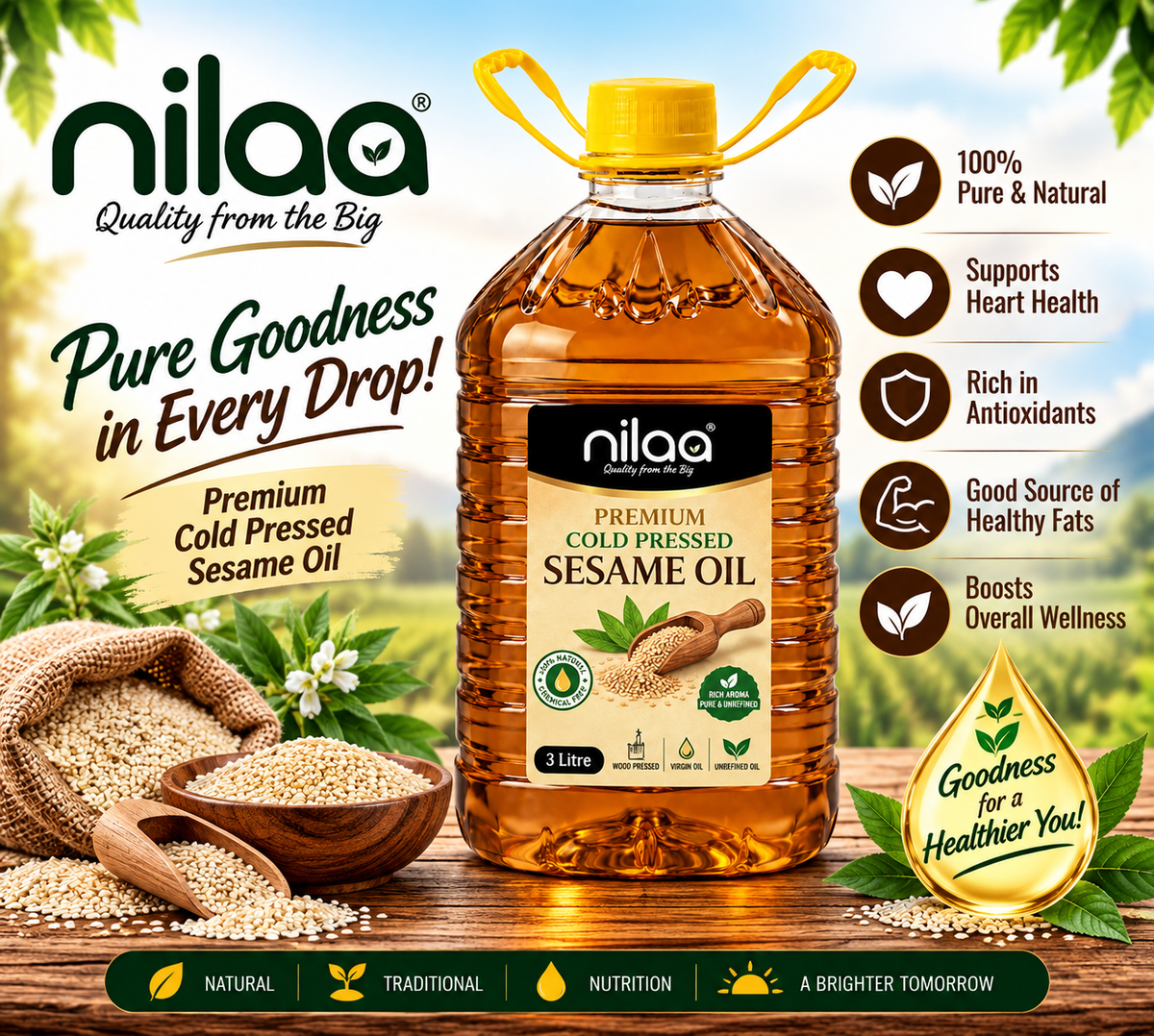 Nilaa Cold Pressed Sesame Oil Wholesale 3L || Premium Gingelly Oil