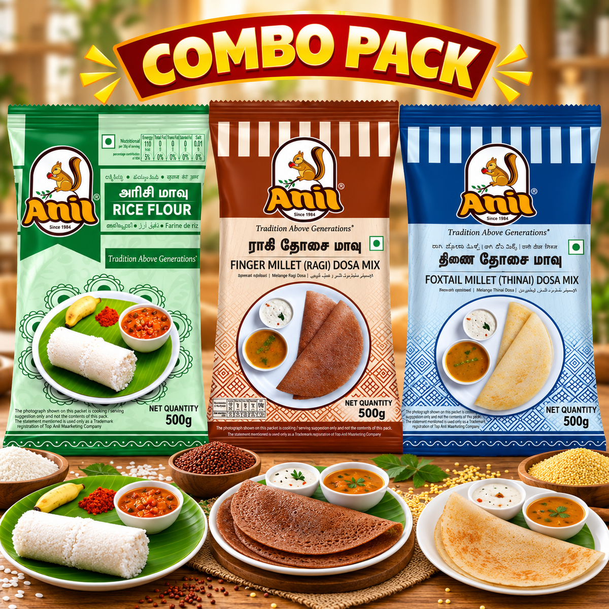 Anil Rice Flour, Ragi Dosa Flour & Thinai Dosa Mix Combo