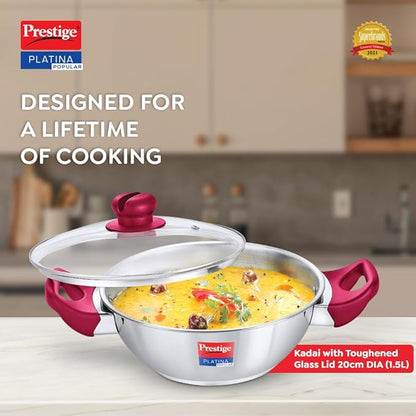 Prestige Platina Popular Stainless Steel Gas and Induction Compatible Kadai with Glass Lid, 200 mm