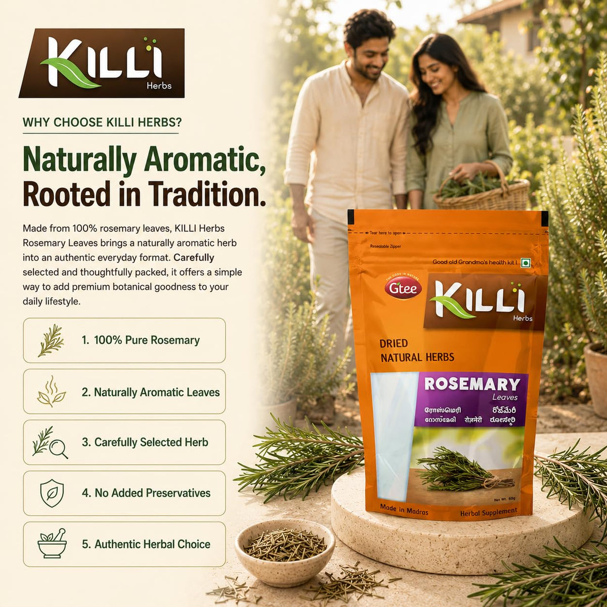 KILLI Rosemary Leaves 60g ||  Premium Aromatic Herb