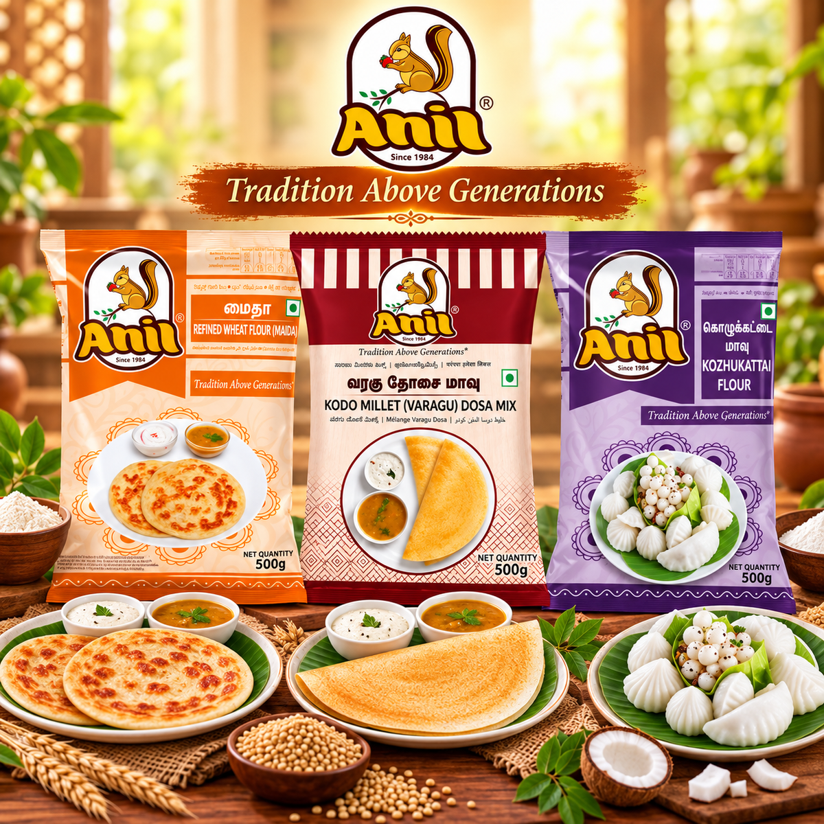 Anil Maida Flour, Varagu Dosa Mix & Kozhukattai Flour Combo Pack of 3x500g