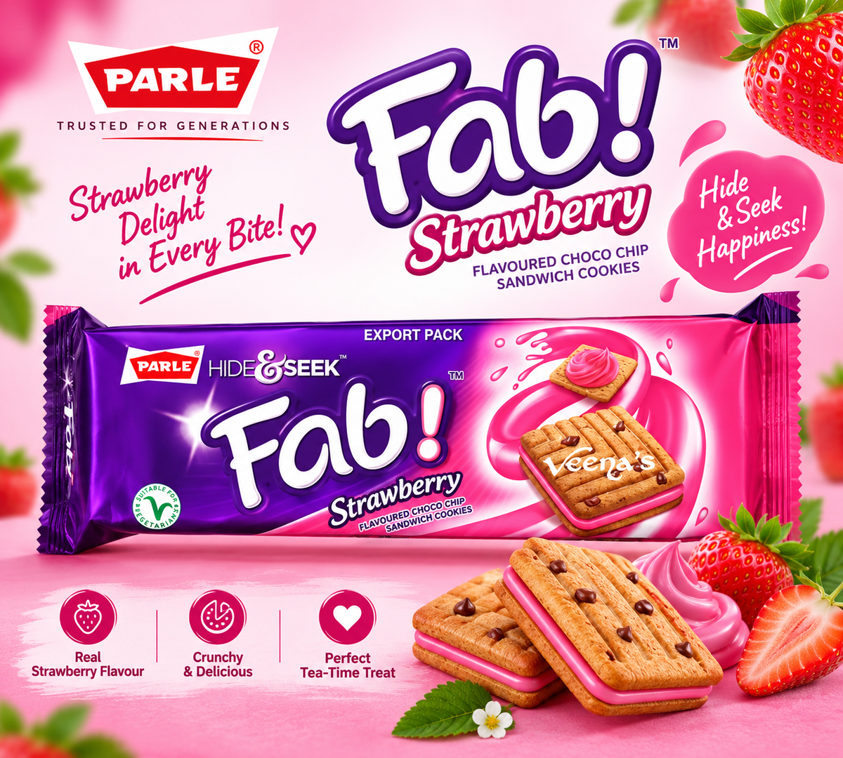 Parle Hide & Seek Fab Strawberry 112g || Strawberry Cream Biscuits