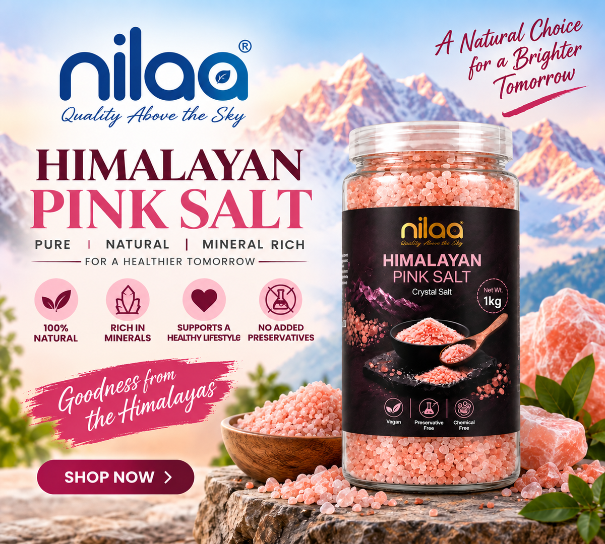 Nilaa Himalayan Pink Rock Salt 1Kg || Premium Crystal Salt