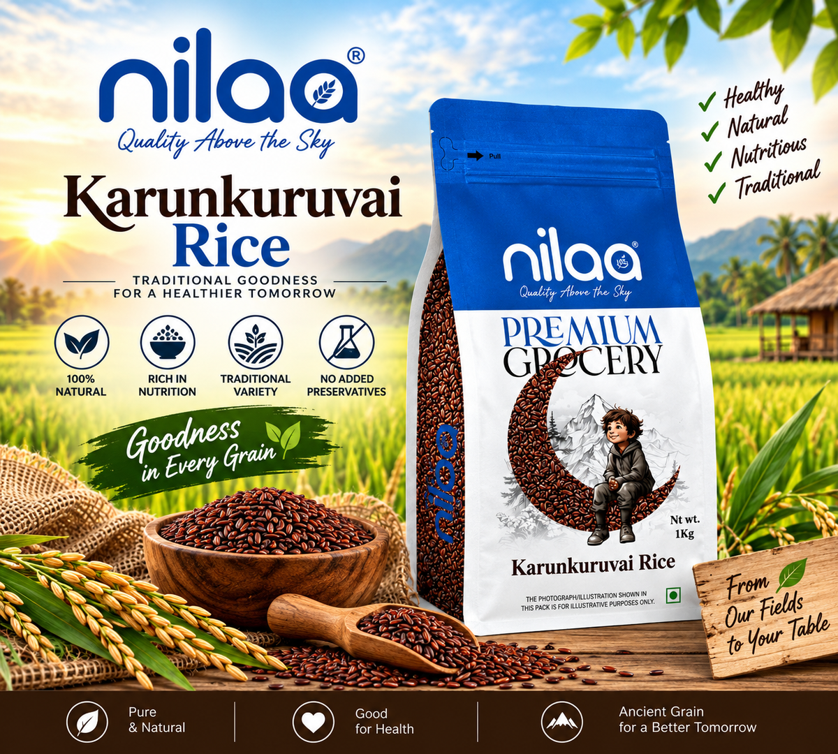 Nilaa Hand Pounded Karunkuruvai Rice 1Kg || Wholesale