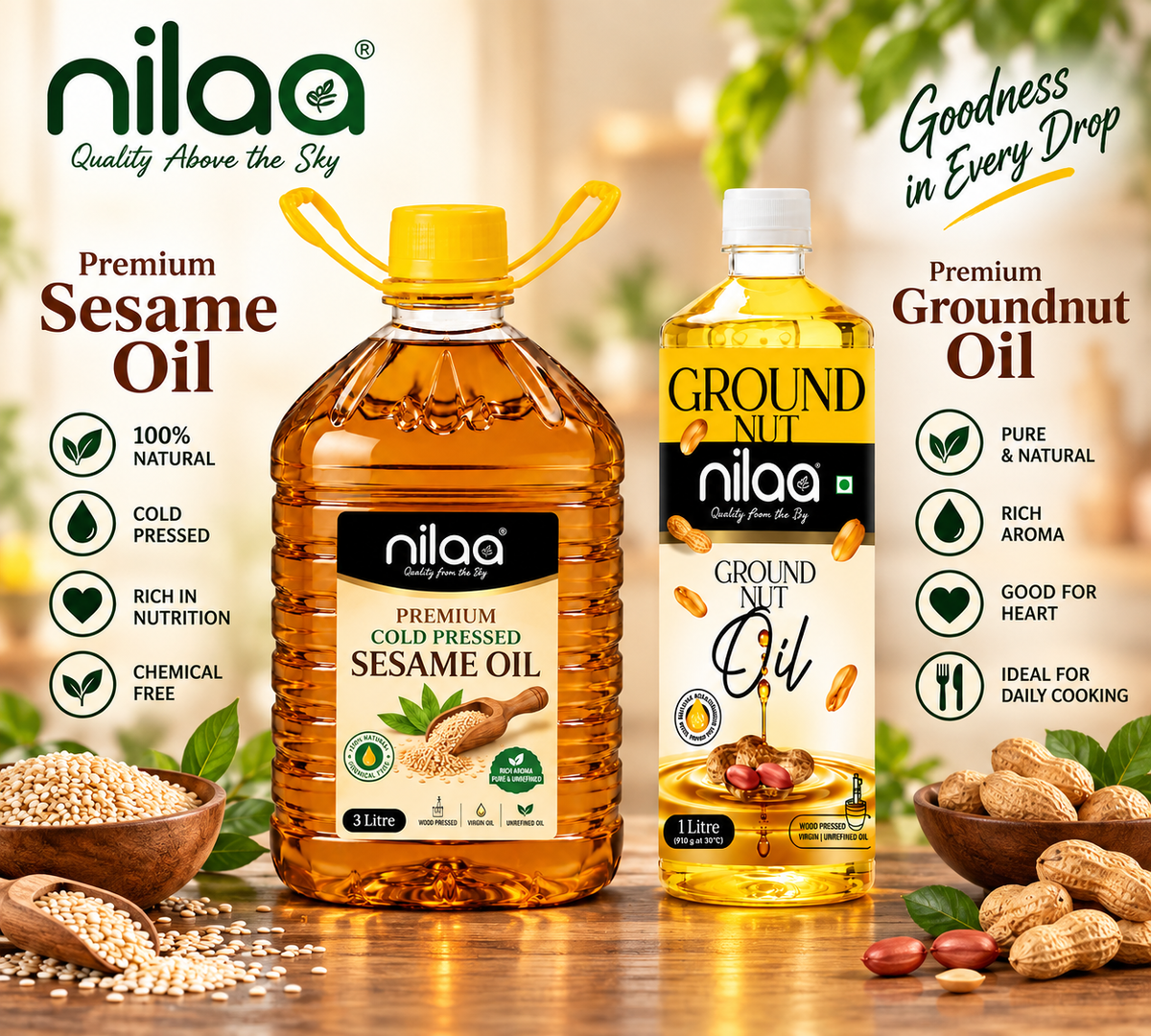 Nilaa Cold Pressed Oil Combo Pack 4L || Sesame & Groundnut Oil